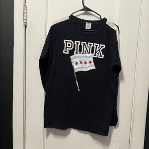 PINK Victoria's Secret Black Long Sleeve Tee with Chicago Flag Design